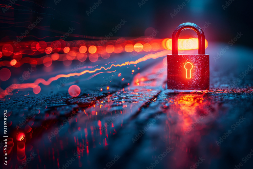 Poster a digital padlock shining bright against a dark backdrop, symbolizing cybersecurity and data protect