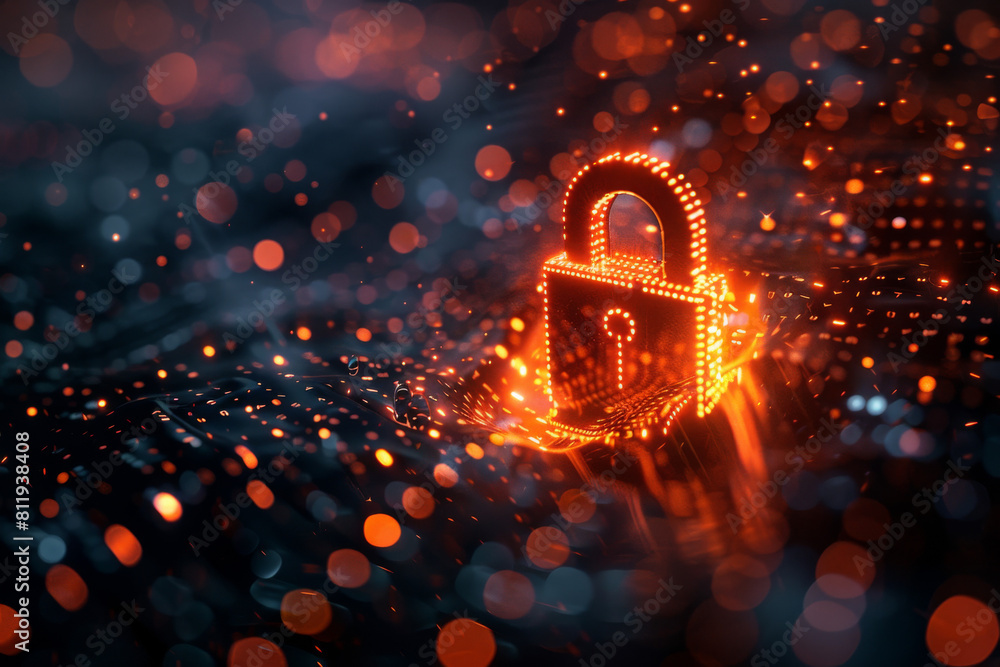 Poster the electronic light trail illuminates a metal lock, depicting a high-tech representation of cyberse