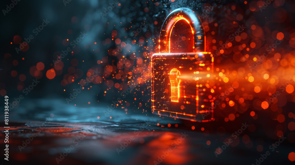 Poster secure your data with a metal lock against a luminous electronic backdrop, symbolizing a focus on cy