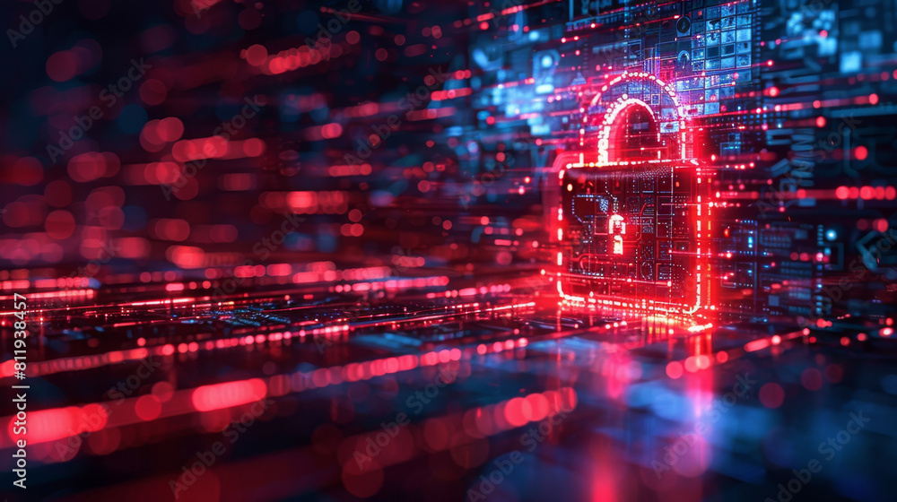 Poster a digital padlock against a futuristic light backdrop, emphasizing cybersecurity and data protection