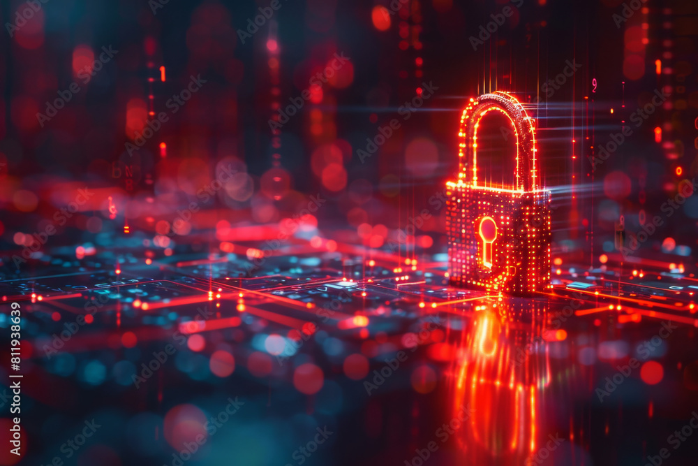 Poster a sleek silver lock against a digital light grid backdrop, showcasing advanced concepts in cybersecu