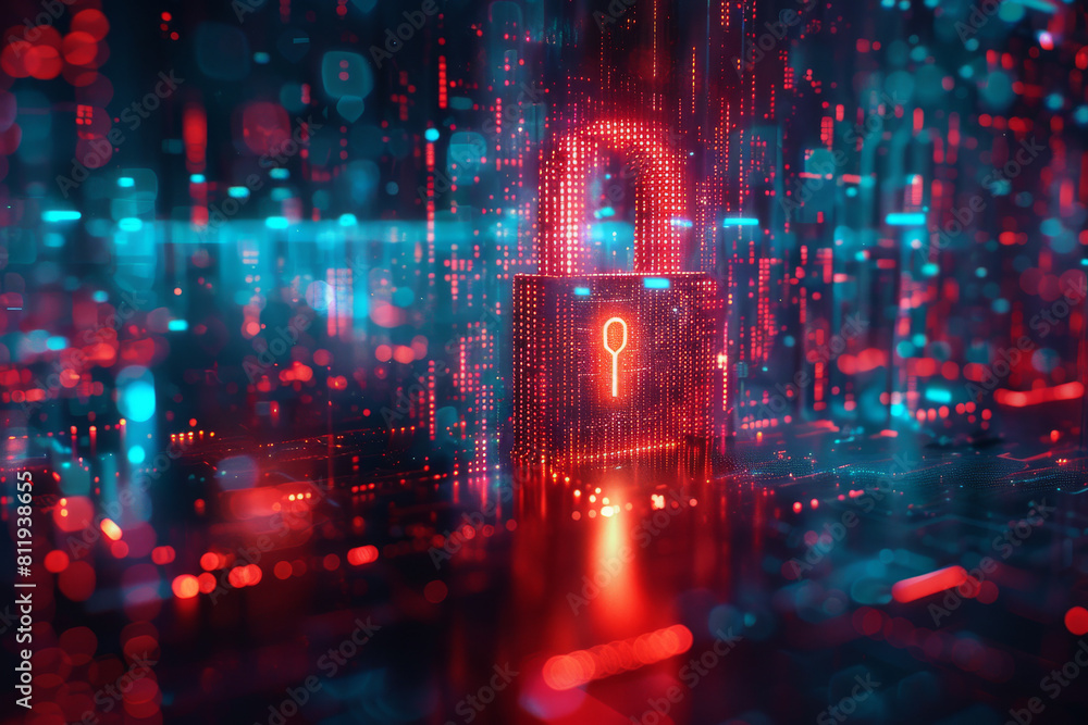 Poster the digital lock displays a neon light effect in the background, symbolizing cybersecurity and innov