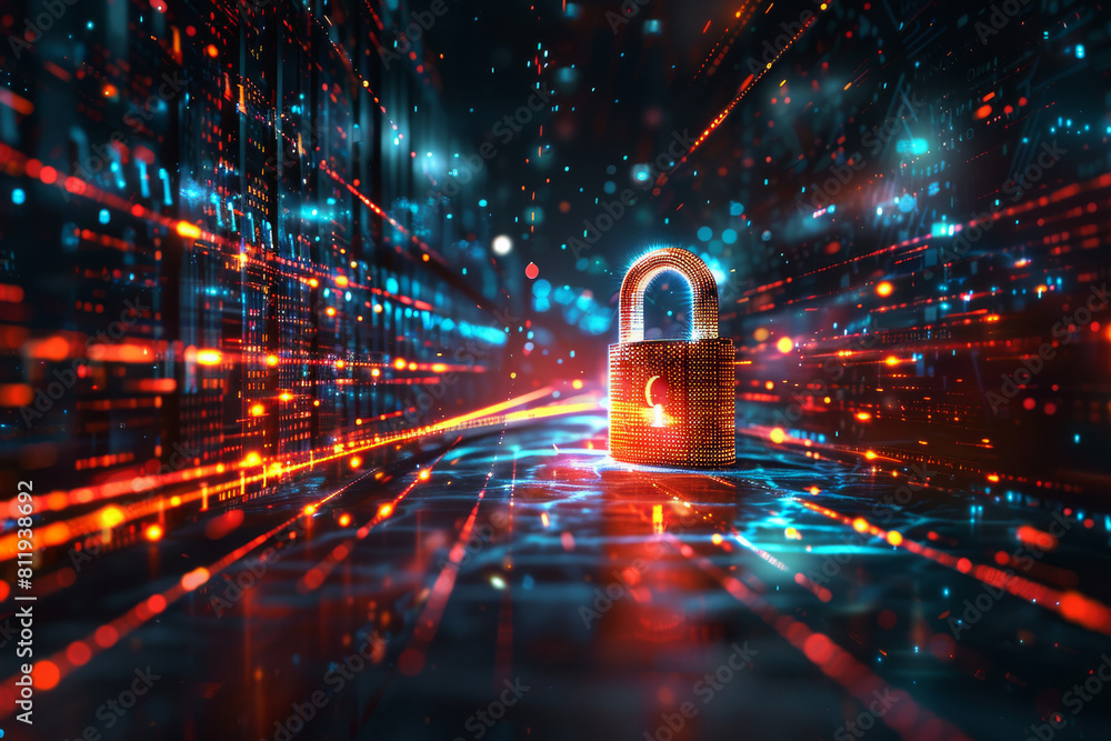 Poster a digital padlock surrounded by glowing neon lights, representing advanced security measures and dat