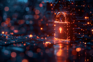 Electronic lock with a glowing light trail in the background, representing concepts of cybersecurity, data management, and generative AI.