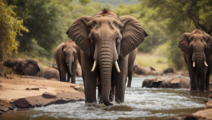 A group of elephants is walking through a river