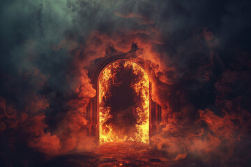 The depiction of a cursed entrance to Hell emitting smoke and flames created by an AI program