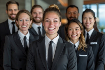 Fototapeta premium The hotel staff gathered for a cheerful group , showcasing their positive teamwork and dedication to excellent service. AI-generated.