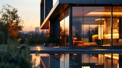 Fototapeta premium Reflective Contemporary Residence Mirroring Radiant Urban Cityscape at Dusk