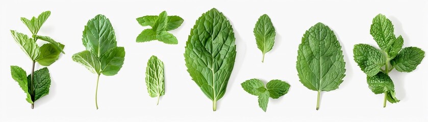 Rich collection of fresh mint leaves, isolated on white background