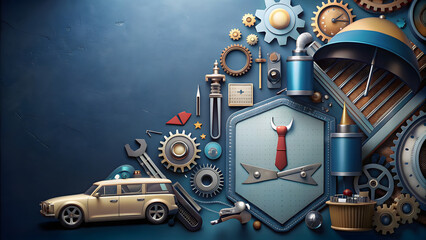 Mechanical Marvel: Deep Blue Background with Gears, Cars, and Tools. Perfect for: Father's Day, Automotive presentations, mechanical workshops, industrial-themed designs, Engineering blogs.