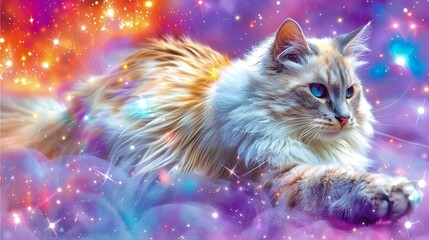 A beautiful, ethereal cat with long, flowing fur and piercing blue eyes