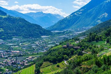 Sigths from Dorf Tyrol in South Tyrol Italy on Meran and other Landscapes.