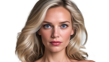 Fototapeta premium Woman with perfect skin closeup. Mature middle-aged woman blonde hair. Beauty care. Transparent background isolated png. Portrait, beauty, face, care, natural, glow, flawless. Concept of female skin