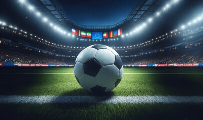 soccer ball in a stadium at night, photo realistic illustration