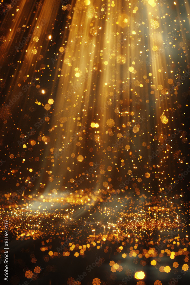 Poster golden stage product display on a shimmering gold backdrop, creating a magical and luxurious wallpap