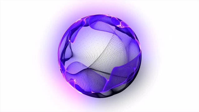 Cyber glowing 3d sphere of purple and black particles on a white background. Energy orb. Neon rotating 3d sphere. Technology, science, artificial intelligence. Virtual assistant concept. 4k loop.