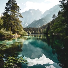 Alpine lake with crystal-clear reflections and mountain view