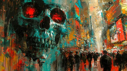 A skull with red eyes looms over a busy city street. The people below are oblivious to the danger above them.