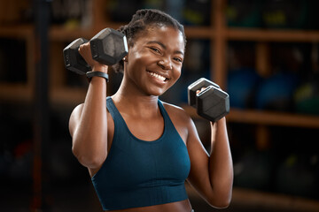 Black woman, smile and portrait with dumbbell for fitness muscle, wellness or body health...