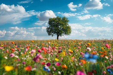 Scenic meadow with blooms and tree background. Ideal for nature and spring themes