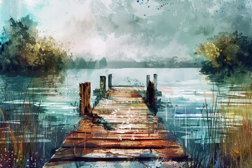 Wooden pier & natural background - aesthetic artwork in messy brush stroke - creative ai-generated illustration