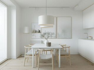 Bright Scandinavian Dining Room with Modern Decor. Sleek and modern Scandinavian dining room bathed in natural light, featuring minimalist furniture and a clean white palette.