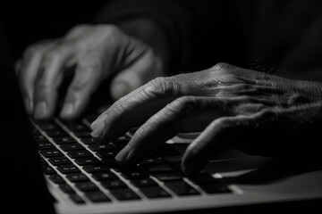 A grayscale photo of a person typing on a laptop keyboard.