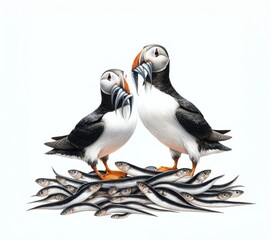 Fototapeta premium Watercolor illustration of two Atlantic puffins, each clutching a fish in its beak, standing atop a bed of lesser sand eels.