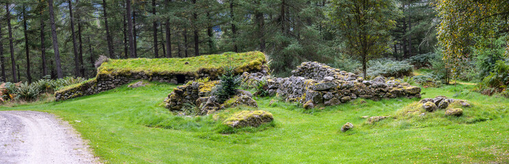 A panoramic shot of the ruins of a 19th Century stone-built farmhouse, part of a clachan in the Tay...