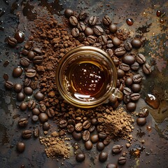 Artistic espresso shot surrounded by coffee beans and grounds