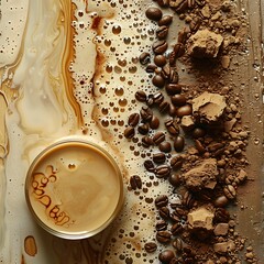 Abstract coffee art with creamy swirls and coffee beans