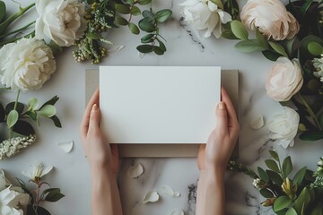 Hands Holding Blank Card with Floral Border on Marble Background, Elegant Invitation Design, Top-Down View, Romantic Stationery, Copy Space for Text