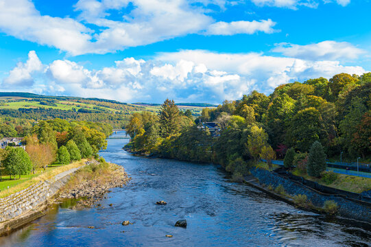 The River Tummel, part of a hydroelectric generation system, viewed from the walkway near Loch Faskally, Pitlochry, Perth and Kinross, Scotland, UK. Landscape horizontal format with copy space.