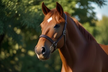 Fototapeta premium ull-height portrait of stunning chestnut budyonny gelding horse in brown bridle near green trees in daytime in sunlight