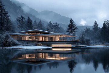 lake in the morning, A modern house sits elegantly at the edge of a serene lake, with a moody...