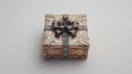 a beautifully captured image of a decorated gift box, complete with elegant wrapping and intricate details, standing out against a white background.