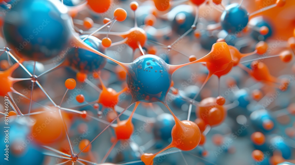 Poster 3d rendering of a molecular structure. blue and orange spheres represent atoms, and the bonds betwee