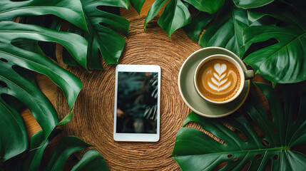 Flat top view of a portable tablet and coffee next to a lush Monstera Deliciosa plant