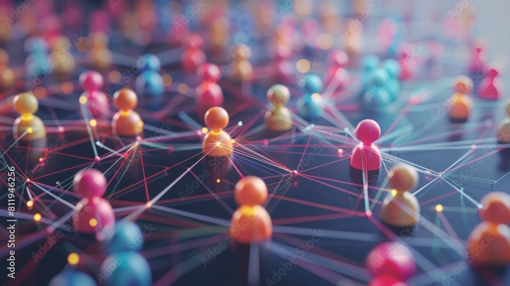Poster 3d rendering of colorful people-shaped nodes connected by a glowing network.