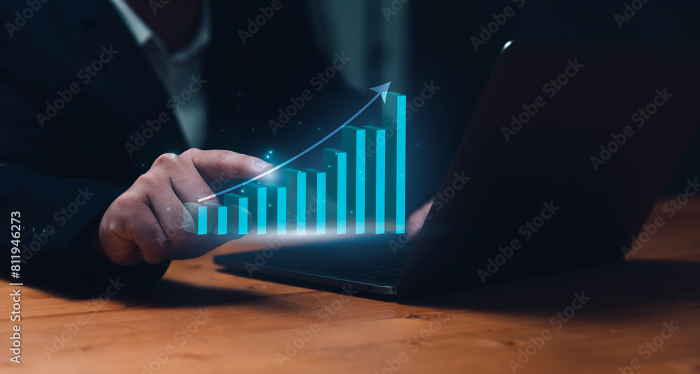 Poster business person using laptop with graphical charts data on marketing and ai intelligence strategy fo