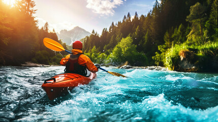Whitewater kayaking, extreme sport rafting. side close view man in kayak sails mountain river. A banner for advertising extreme recreation in mountain rivers - Powered by Adobe