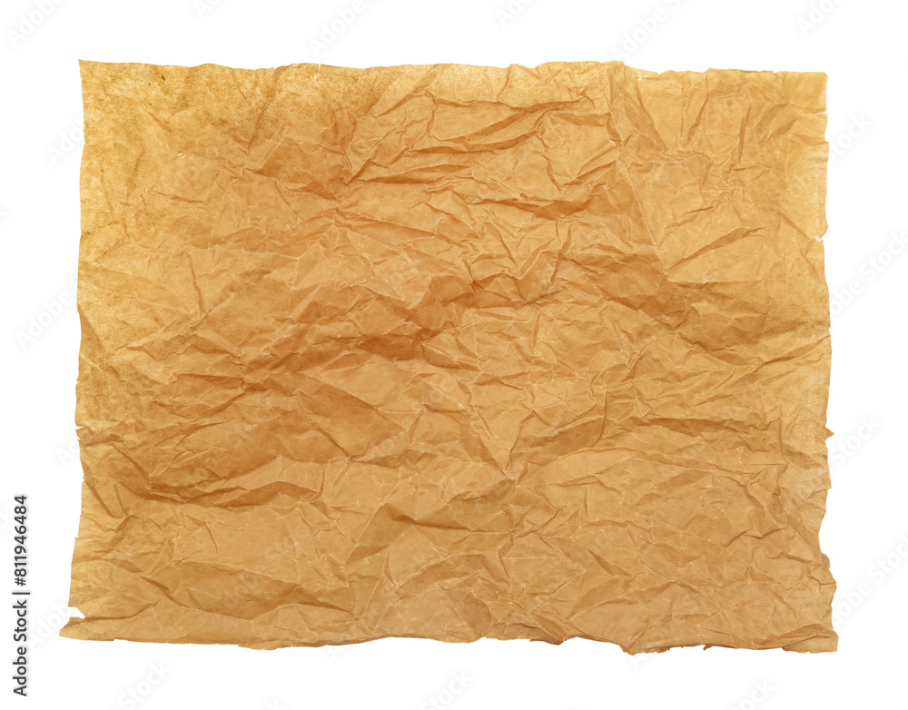Poster piece of crumpled parchment paper on a white background. view from above. baking paper isolate