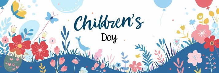 Naklejka premium Children's Day banner with balloons, flowers and grass in the style of cartoon. The text 