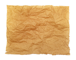 Piece of crumpled parchment paper on a white background. View from above. Baking paper isolate