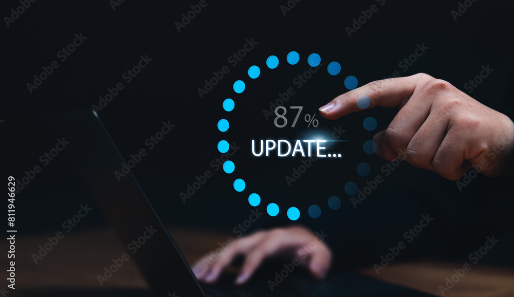 Poster businessman updating computer system for device operating system to be up to date with new version. 