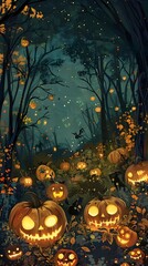 Glowing Jack o lanterns in Enchanted Autumn Forest on Halloween Night