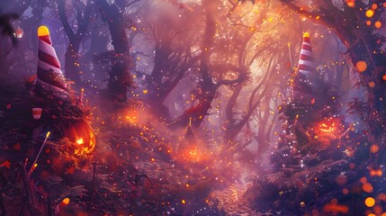 Glowing Lights in Enchanted Mystical Forest Landscape with Whimsical Fantasy Atmosphere