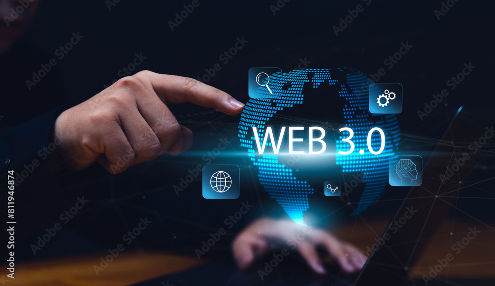 Poster futuristic business person using web 3.0 digital internet global communication networking.