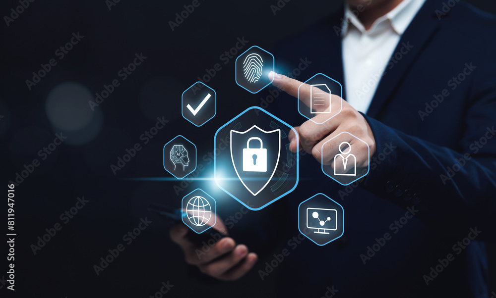 Poster digital internet security and verification of business person using tablet to verify system access s