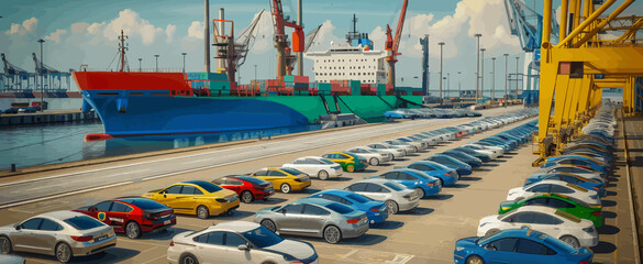 In the port of travel cars, there is an industrial ship with many new electric small and medium sized vehicles parked on it.